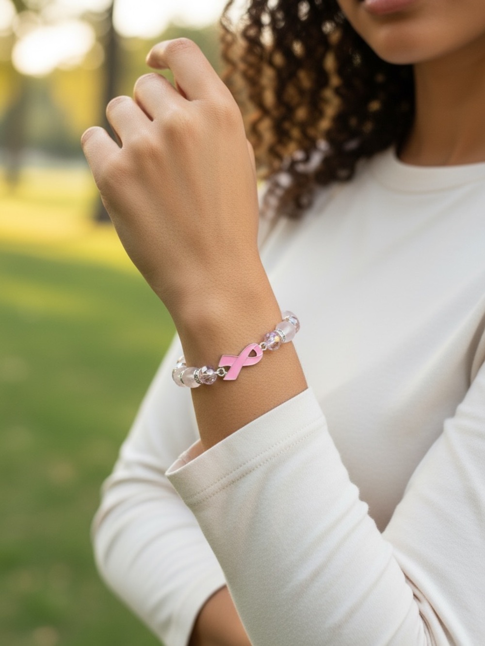 Pink Ribbon Beaded Stretch Bracelet - Women Jewelry